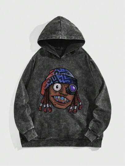 Street Life Men's Casual Cartoon Print Loose Pullover Hoodie, Suitable For Sports And Daily Wear, Autumn