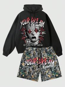 ROMWE MEN Street Life Herren Set aus Retro Portrait Bedrucktem Sweatshirt und Shorts
