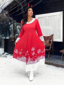 Celure Damen Große Größen Weihnachtskleid mit Schneeflocken Muster und Spitzenkontrast mit Tasche, elegantes Kleid