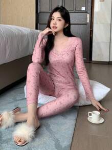 DAZY 碎花羊毛蕾丝拼接修身睡衣套装，冬季保暖内衬 - 粉色 - 查看 7