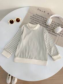 SHEIN Conjunto de 3 piezas de ropa para bebé niña con: Top de manga larga con cuello de tortuga a rayas, chaleco de peluche y pantalones largos acanalados gruesos, para otoño e invierno