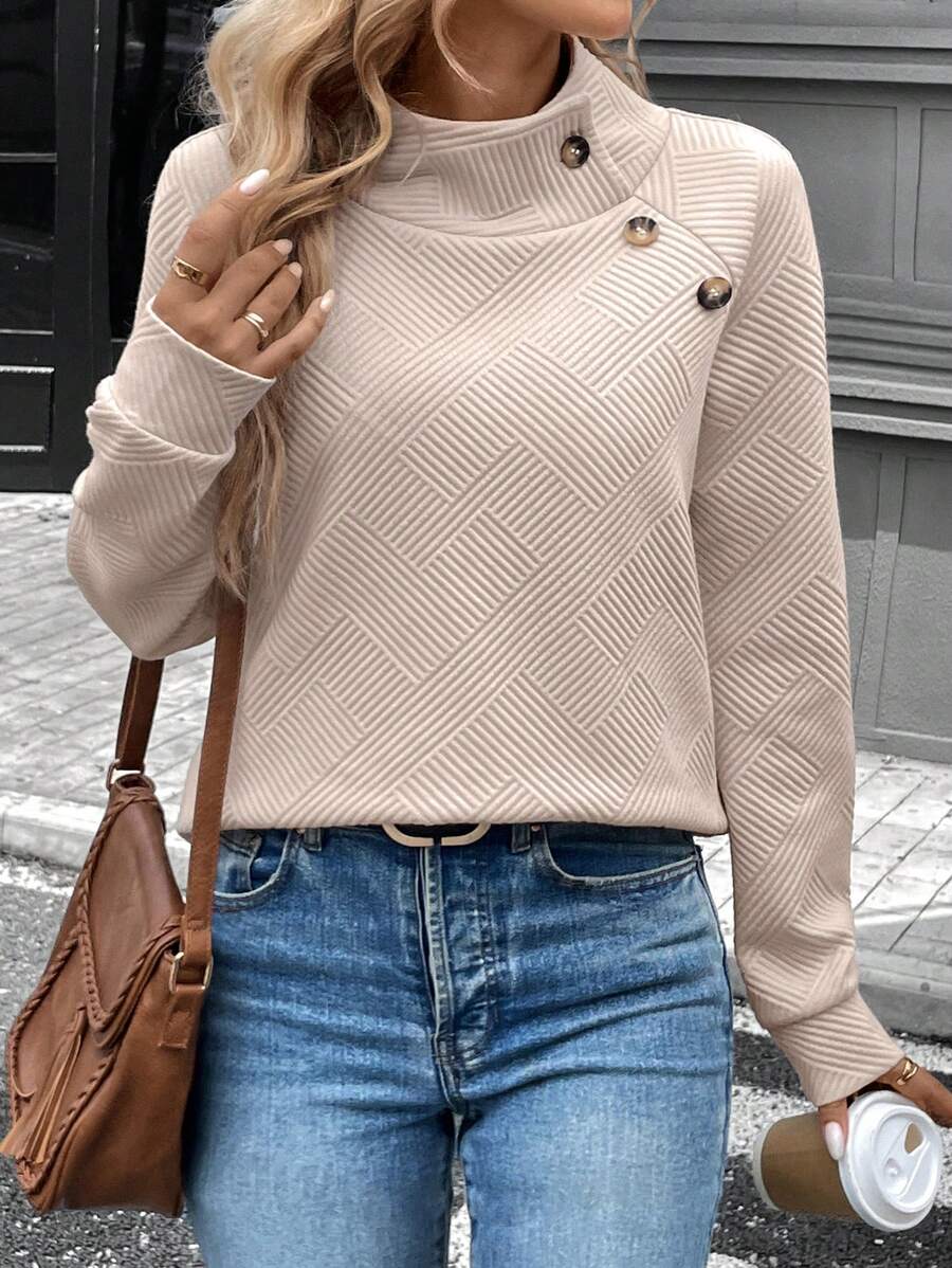 SHEIN LUNE Stand Collar Half-Zip Button Asymmetric Collar Textured Lining Casual Commute Elegant Outdoor Warm Women Sweatshirt, Autumn/Winter,Long Sleeve Tops - Apricot - View 1
