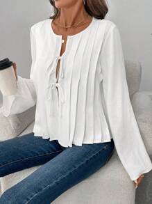SHEIN LUNE Women's Bow Tie Pleated A-Line Bell Sleeve Casual/Office Blouse, Elegant For Autumn/Winter