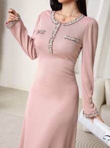 Modelyn Women's Ribbed Splice Ribbon Round Neck Long Sleeve Elegant Dress Maxi Women Outfit Long Evening Dresses - Pink - View 6
