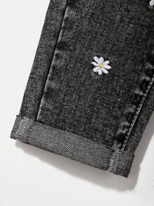 SHEIN Playful Pals Baby Girl Floral Embroidered Denim Trousers With Drawstring And Frayed Hem,Holiday,Summer,Travel - Dark Grey - View 4