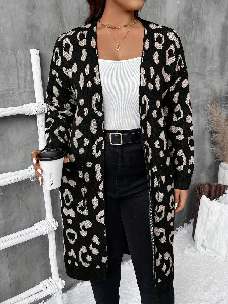 SHEIN LUNE Plus Size Casual Long Leopard Print Cardigan Sweater Without Buttons,Parties, Music Festivals, Home Wear, Back-To-School Events, Gifting, And Shopping.Fall Sweaters,Winter Clothes,Winter Women Dress - Multicolor - View 1