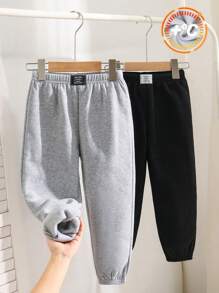 SHEIN Leap Crew 年轻男孩 2 件套休闲日常字母印花松紧腰宽松纯色运动裤多件装，1 黑色和 1 灰色，针织裤套装适合学校、花园、海滩、生日、春/夏/秋/冬季 - 彩色 - 查看 1