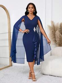 SHEIN Lady Women's Elegant Cape Structured Blue See-Through Formal Evening Dress Fall Women Clothes Four Seasons Blue Dress & Royal Blue Women Dress Sexy Dress - Navy Blue - View 7