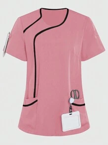 SHEIN TaskFit 女士拼色短袖上衣、手术服上衣、女士 V 领多口袋工作服外套上衣、女士健康检查手术服、宠物美容、牙科按摩师服装、工作室时尚女士工作服、营养师工作服、实验室工作服、女士上衣、多口袋功能性工作服、衣领上有纽扣方便穿脱的上衣、圣诞节、新年和情人节功能性女装、冬春女装 - 粉色 - 查看 3