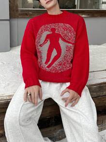 Manfinity Roghcode Men's Crew Neck Long Sleeve Minimalist Casual Pullover Sweater With Figure Graphic - Red - View 5