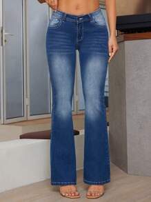 SHEIN Essnce Women's Casual Versatile Flared Leg Zipper Pocket Jeans - Dark Wash - View 1