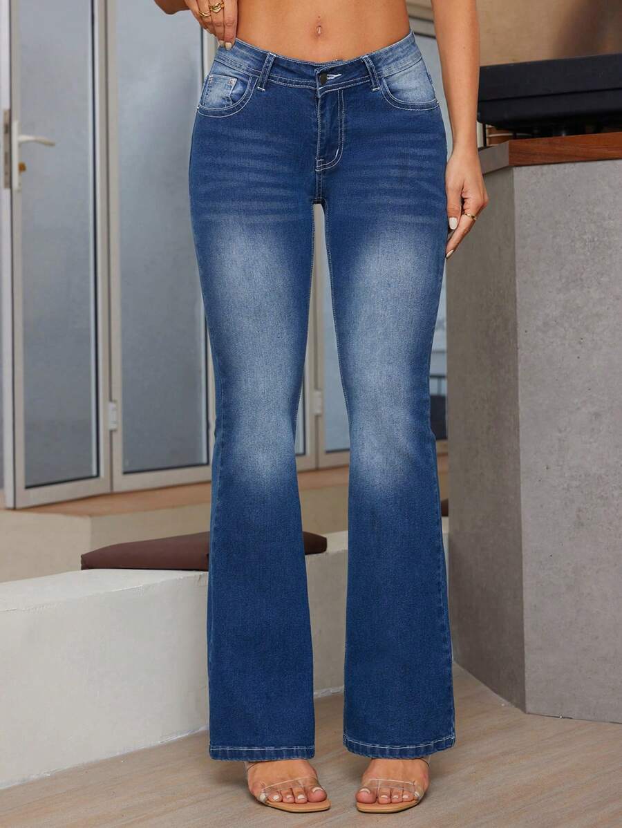 SHEIN Essnce Women's Casual Versatile Flared Leg Zipper Pocket Jeans - Dark Wash - View 1