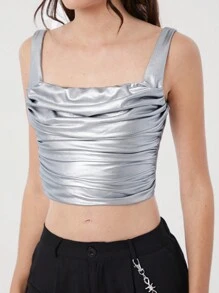 SHEIN EZwear Slim Fit Plissee-Camisole für Damen, silbernes Tank Top - Silber - Übersicht 6