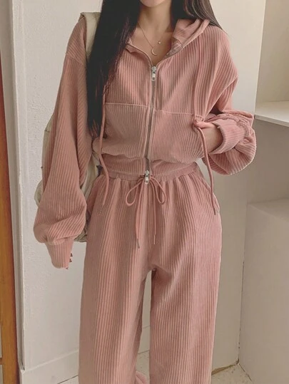 DAZY 2件套女士纯色抽绳连帽衫和裤子休闲运动套装女式家居服套装