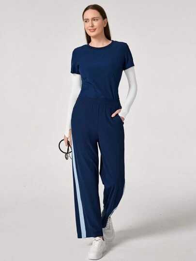 TaskEZ Pantalones de uniforme de enfermería holgados rectos con bolsillos de color contrastante