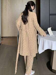 DAZY 3pcs Set Ditsy Floral Camisole Robe & Pajama Pants Sleepwear - Khaki - View 2