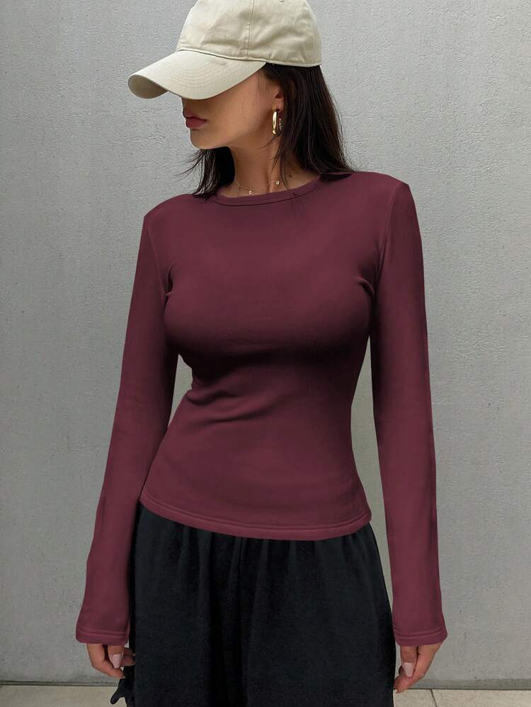 Women Solid Color Crew Neck Thermal Lined Long Sleeve T-Shirt, Winter,Fall Clothes