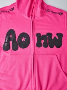 SHEIN 2pcs/Set Tween Girl Girls Stylish Letter, Star Print Hooded Sweatshirt With Pocket & Casual Pants, Dark Punk Fashion - Hot Pink - View 5