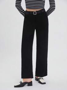 SHEIN EZwear 女士灯芯绒简约日常长裤 - 黑色 - 查看 2