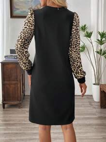Rusticease Women Leopard Print Patchwork Crew Neck Long Sleeve Straight Casual Midi Dress, Autumn - Multicolor - View 3