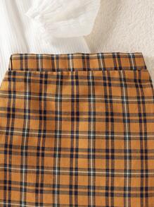 SHEIN Baby Girls Fall/Winter Lady-Like Plaid Collar Top And Plaid Skirt Set - White - View 5