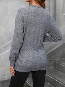 SHEIN Maternity Autumn/Winter Knitwear, Women Wrap Style Tie Bow Long Sleeve V-Neck Ruffle Knitted Sweater For Pregnant - Dark Grey - View 2