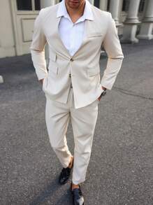 Manfinity Mode Conjunto de camisa de manga larga con bolsillo y botones delante y pantalones casuales para hombre - Caqui - Ver 5