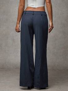 SHEIN BAE Pantalones anchos de mujer de cintura baja con botones decorativos y rayas azul marino, pantalones casuales versátiles para ir a la oficina o paseo