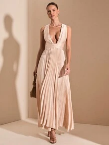 SHEIN BAE Robe plissée à dos ajouré dans les tons abricot et blanc, col V sexy, élégante et simple, convenant pour cocktail, rendez-vous romantique, robe en tricot d'automne/hiver, fête, invité de mariage, Halloween, Noël - Nude - Voir 5