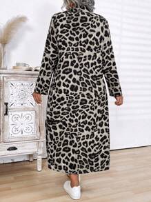 加大码前扣长袖豹纹休闲长裙女装 - 杏色 - 查看 2