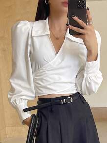 DAZY 1pc Solid Color Fitted Tie Sleeve Ladies Blouse,Fall Clothes Long Sleeve Top - White - View 5