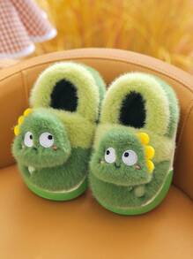 1 双男童恐龙毛绒平底可爱儿童家居拖鞋，适合冬季 - 綠色 - 查看 3