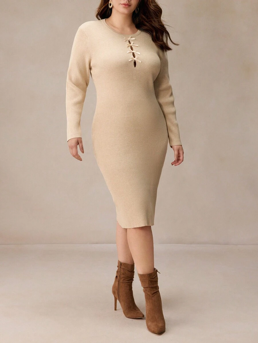 Elaquor Plus Size Casual Hollow-Out Bowknot Knitted Figure-Flattering Dress