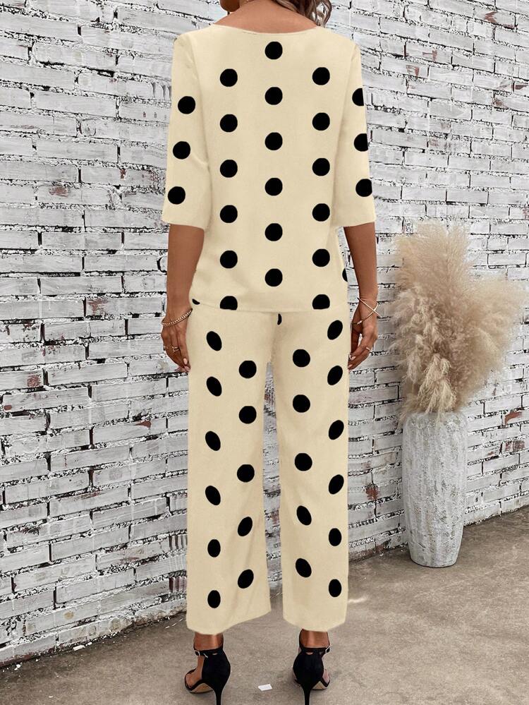 2pcs Women's Casual Round Neck Polka Dot Allover Print Blouse And Pants Set