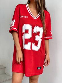 SHEIN EZwear Casual Sports Game Letter & Number Graphic Red Loose V-Neck Short Sleeve T-Shirt Dress For Summer