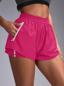 Easithlete 拼色口袋字母印花分层运动短裤 - 玫紅色 - 查看 1