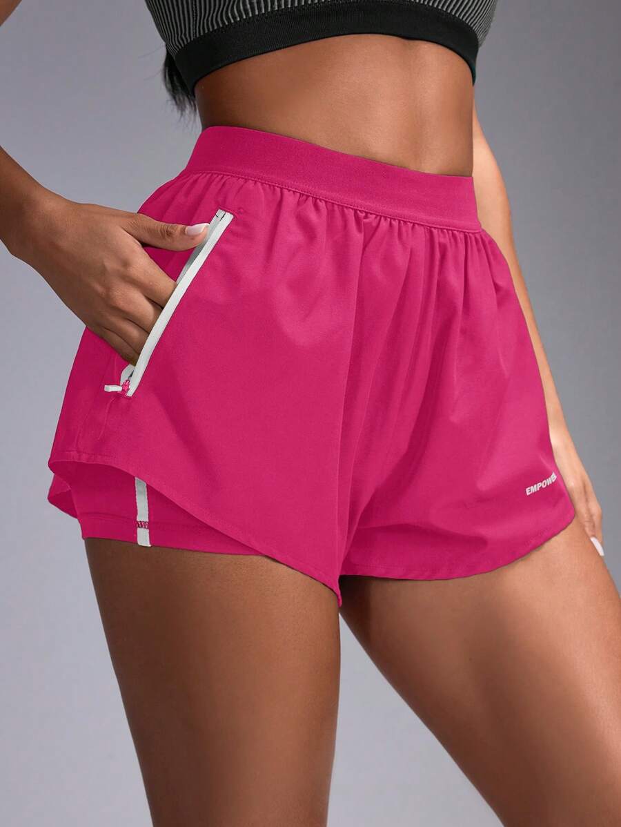 Easithlete 拼色口袋字母印花分层运动短裤 - 玫紅色 - 查看 1