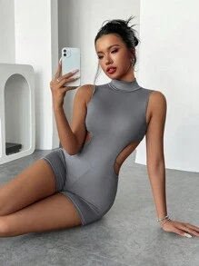 SHEIN SXY Sexy effenkleurige rompertjes met opstaande kraag en rugloze pasvorm voor dames in de zomer