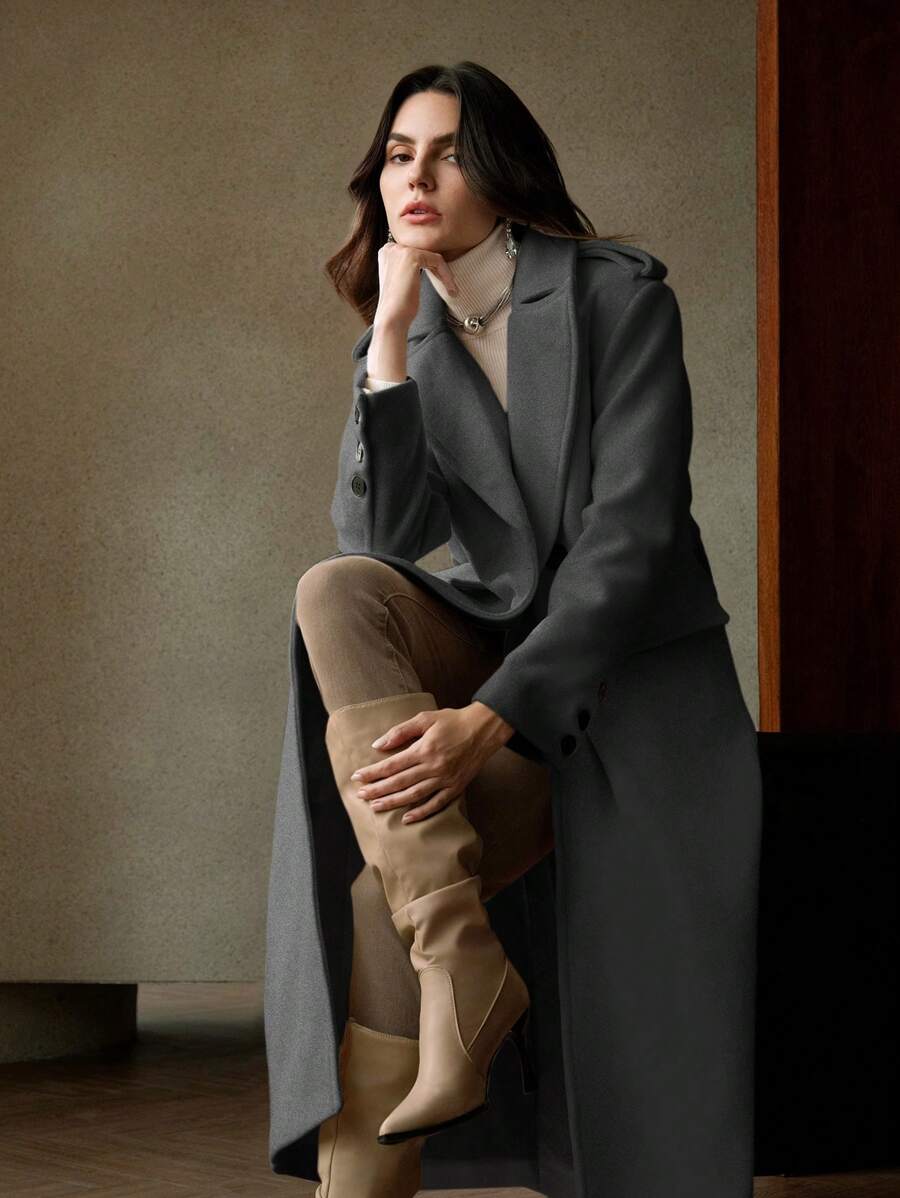 Anewsta Women Solid Color Ankle-Length High-End Versatile Fitted Coat, For Autumn/Winter - Dark Grey - View 1