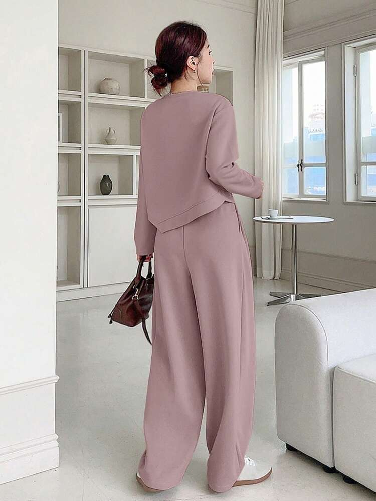 2pcs Women's Casual Solid Color Asymmetric Sweatshirt And Wide Leg Pants Set, Autumn,Fall Women Clothes Lounge Sets For Women