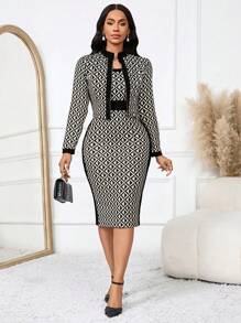 SHEIN Lady Conjunto de chaqueta corta y vestido lápiz con estampado. Conjunto de ropa de mujer para trabajo, fiesta y otoño. Ropa casual de negocios y uso en la oficina de dos piezas. Disfraces con agujeros y atuendos de Acción de Gracias para mujeres. Conjuntos elegantes de dos piezas para mujer en otoño e invierno. - Multicolor - Ver 5