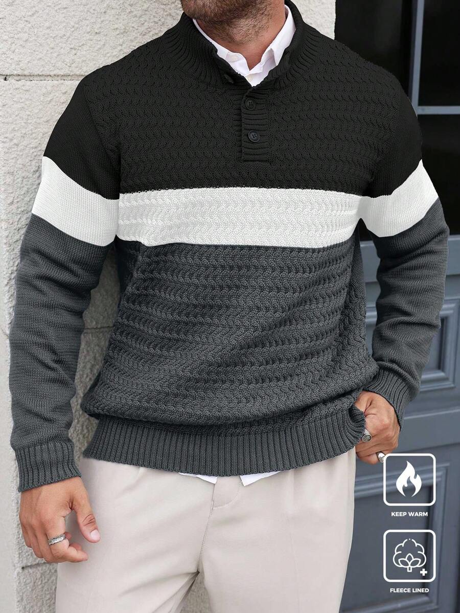 Manfinity Homme Plus Size Men Contrast-Color Button Casual Knit Sweater - Multicolor - View 1