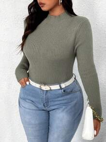 Calvaya Plus Size Women Solid Color Stand Collar Long Sleeve Fitted Sweater, Autumn Knit Pullover Fall Winter Outfit