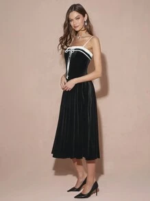 Enchnt Women's Velvet Elegant Dress, Black And White Contrast Tie, Front Button, Bow Tie Design, Spaghetti Straps Long Black Dress,Fall Women Dress,Winter Women Clothes - Black and White - View 3