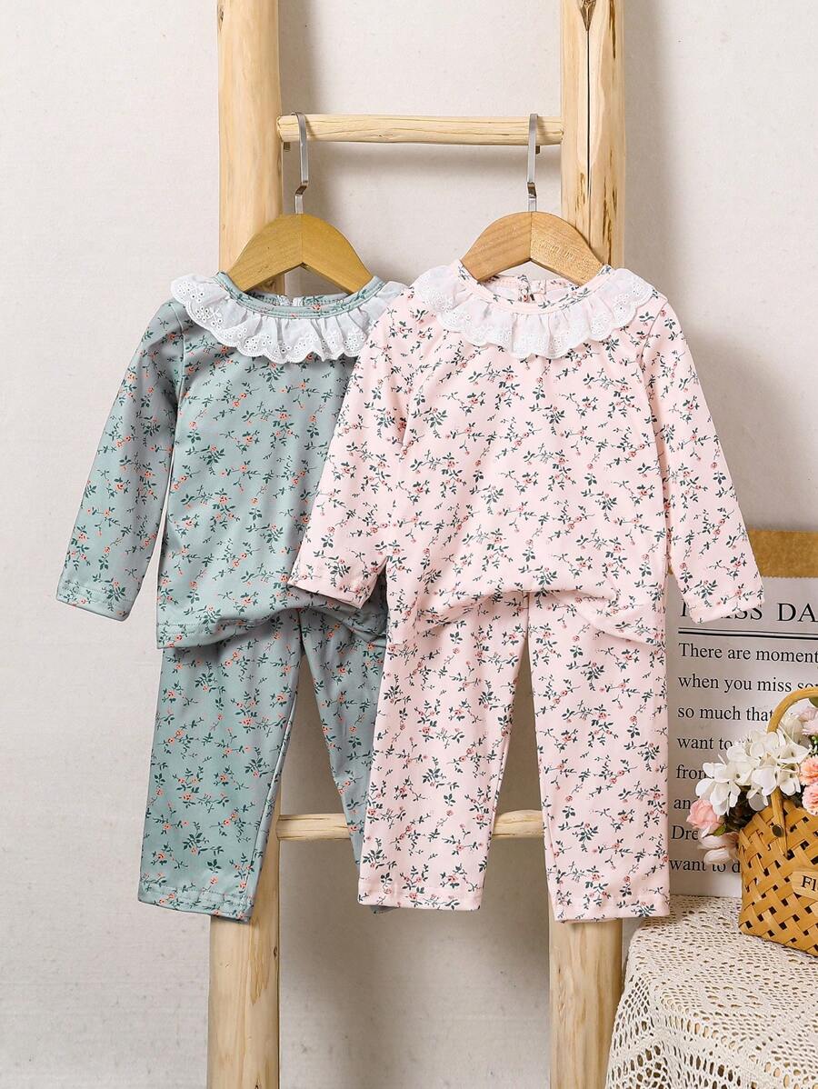 SHEIN Vintaside Kids 2pcs Baby Girls Elegant Pink Floral Outfit Set,Cute Floral Allover Print Ruffle Hem Long Sleeve Top And Long Pants,Autumn Night Pajama Sets - Multicolor - View 1