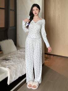 DAZY Bộ 2 món/Bộ đồ ngủ nhún bèo hoa nhỏ nhắn có viền lá rau diếp và quần dài, mùa thu - Màu tím hoa cà - Xem 3