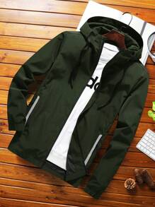Manfinity Homme Loose Men Zipper Up Drawstring Hooded Coat Without T-Shirt - Army Green - View 1