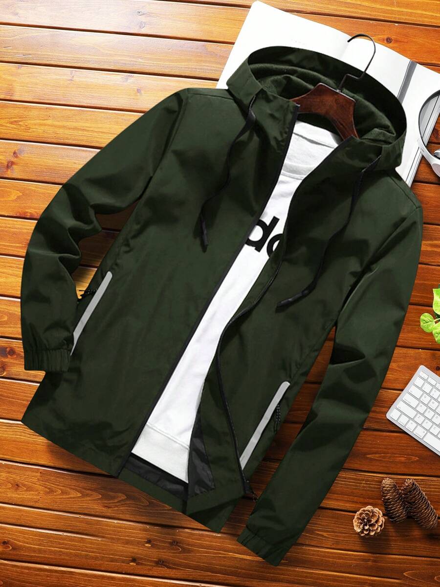 Manfinity Homme Loose Men Zipper Up Drawstring Hooded Coat Without T-Shirt - Army Green - View 1