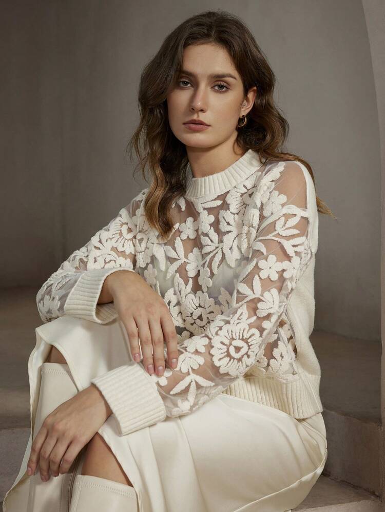 Women Autumn Sexy Flower Pattern Contrast Sheer Mesh Panel Sweater,Long Sleeve Tops, Knit Pullover Fall Winter