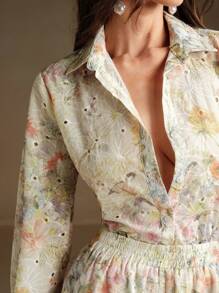 Anewsta Fashionable Floral Embroidery Women Long Sleeve Button-Down Shirt And Wide Leg Pants Elegant 2 Pieces Set